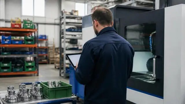 Operario revisando una orden de fabricación en una tablet
