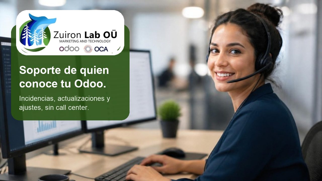 Soporte de quien conoce tu Odoo: técnica de soporte con auriculares ante dos monitores