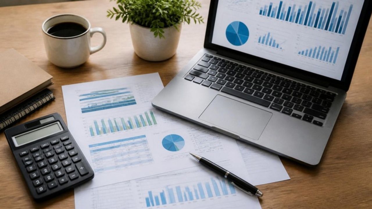 Informes con gráficos de costes, portátil y calculadora sobre una mesa de trabajo
