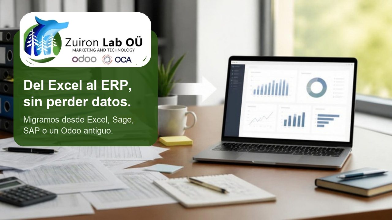 Del Excel al ERP sin perder datos: hojas de cálculo junto a un portátil con un panel ordenado