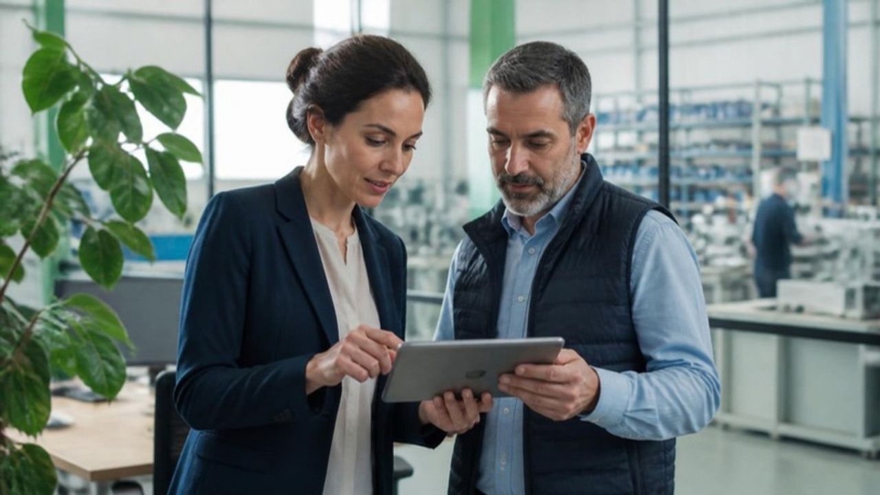 Dos personas revisando datos de producción en una tablet dentro de la planta