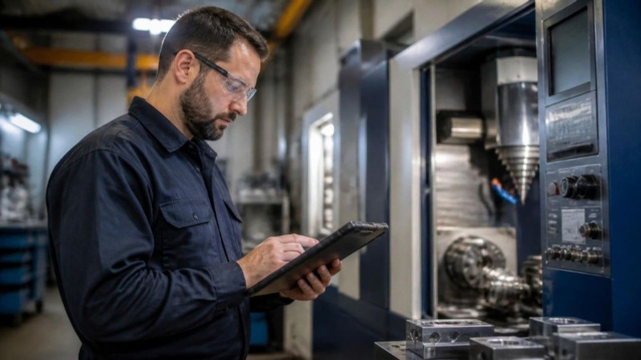 Operario consultando una orden de fabricación en una tablet junto a una máquina CNC
