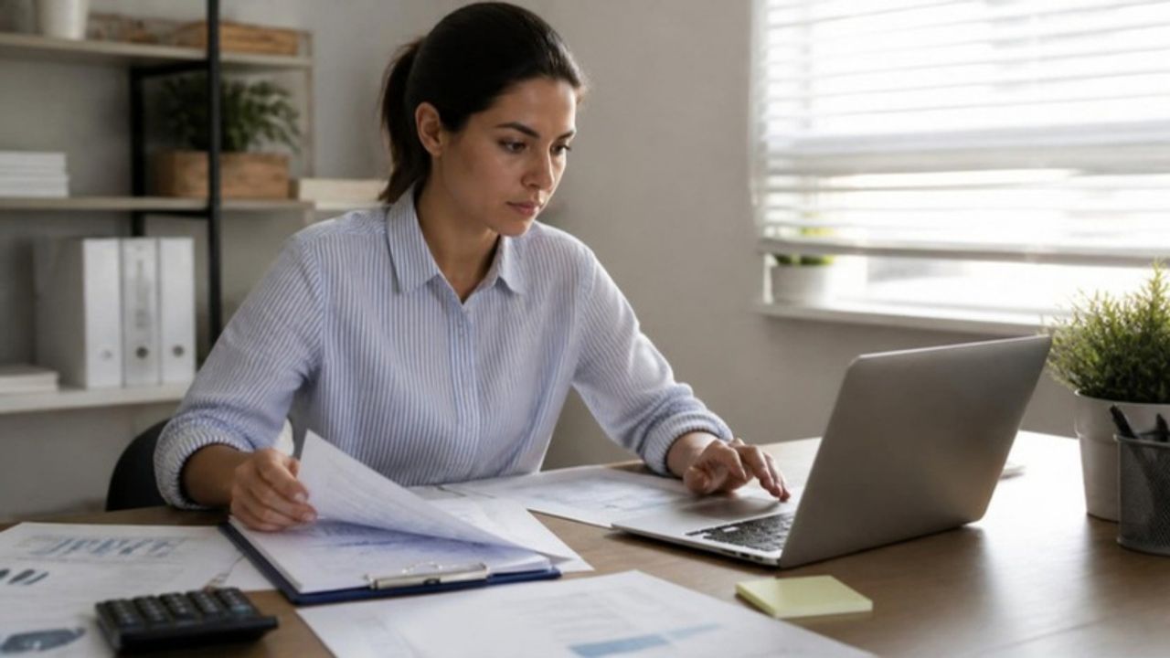 Responsable de administración revisando facturas con el portátil en una oficina