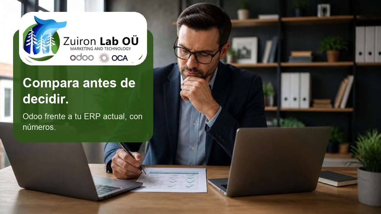 Compara antes de decidir: empresario comparando dos opciones de ERP en dos portátiles